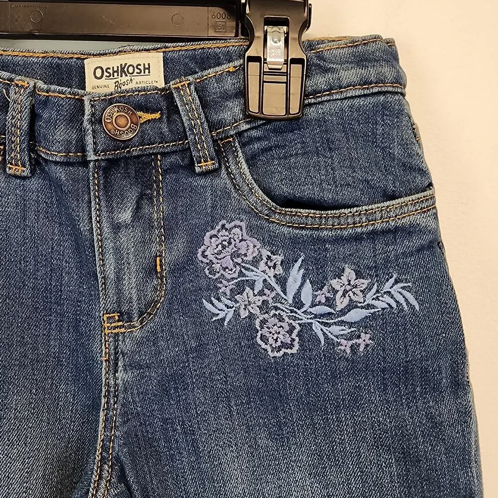 OshKosh Girls Jeans Size 7 Blue Medium Wash Floral Embroidered Distressed Casual